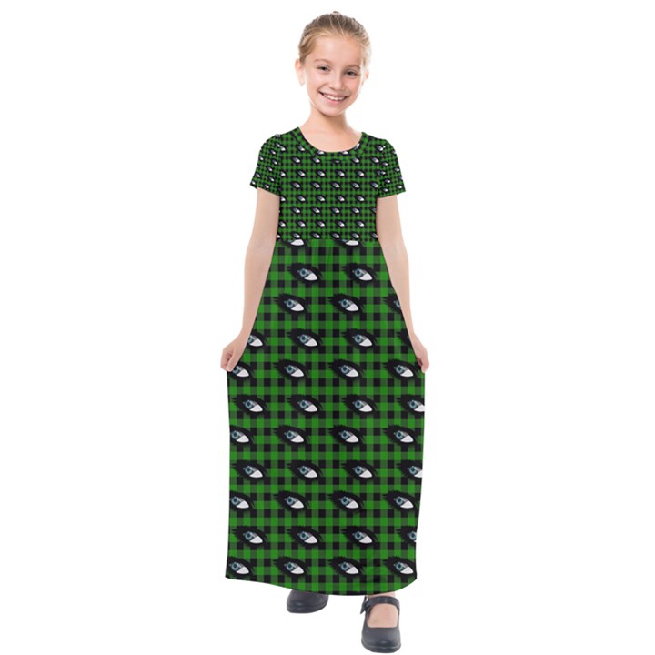 Eyes Green Plaid Kids  Short Sleeve Maxi Dress