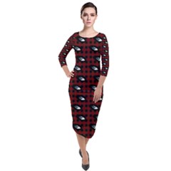 Eyes Red Plaid Quarter Sleeve Midi Velour Bodycon Dress