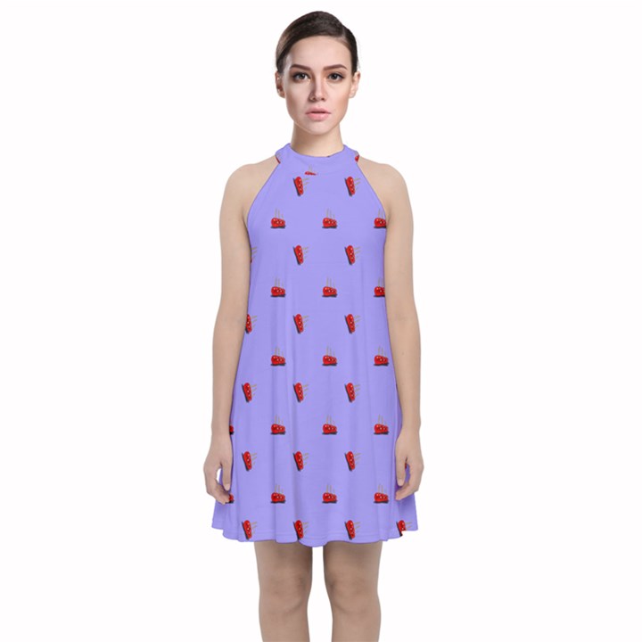 Candy Apple Lilac Pattern Velvet Halter Neckline Dress 