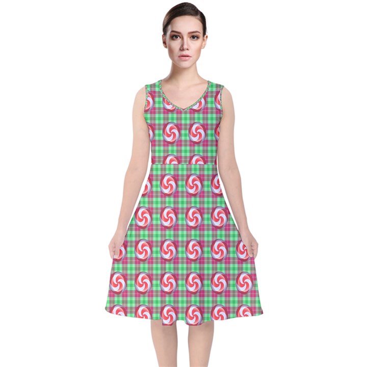 Peppermint Candy Green Plaid V-Neck Midi Sleeveless Dress 