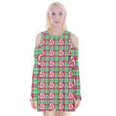 Peppermint Candy Green Plaid Velvet Long Sleeve Shoulder Cutout Dress