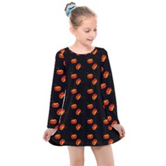 Kawaii Pumpkin Black Kids  Long Sleeve Dress by snowwhitegirl