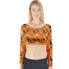 Halloween Treats Pattern Orange Long Sleeve Crop Top by snowwhitegirl