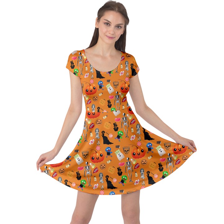 Halloween Treats Pattern Orange Cap Sleeve Dress