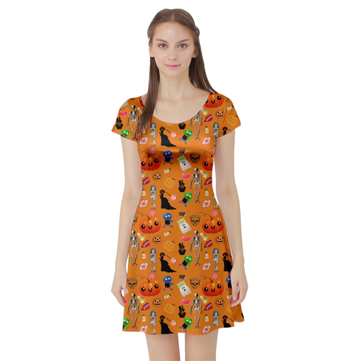 Halloween Treats Pattern Orange Short Sleeve Skater Dress