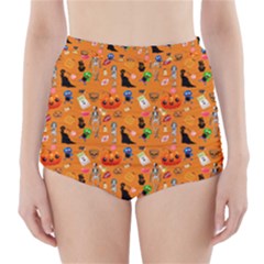 Halloween Treats Pattern Orange High-waisted Bikini Bottoms by snowwhitegirl