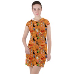 Halloween Treats Pattern Orange Drawstring Hooded Dress