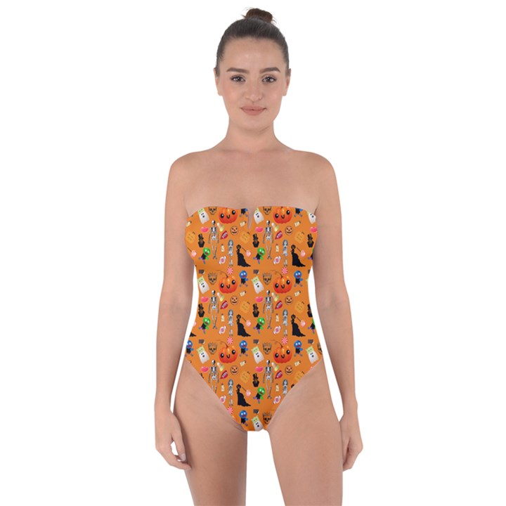 Halloween Treats Pattern Orange Tie Back One Piece Swimsuit