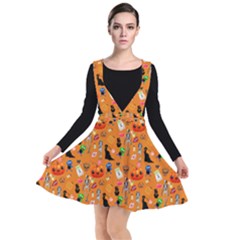 Halloween Treats Pattern Orange Plunge Pinafore Dress by snowwhitegirl