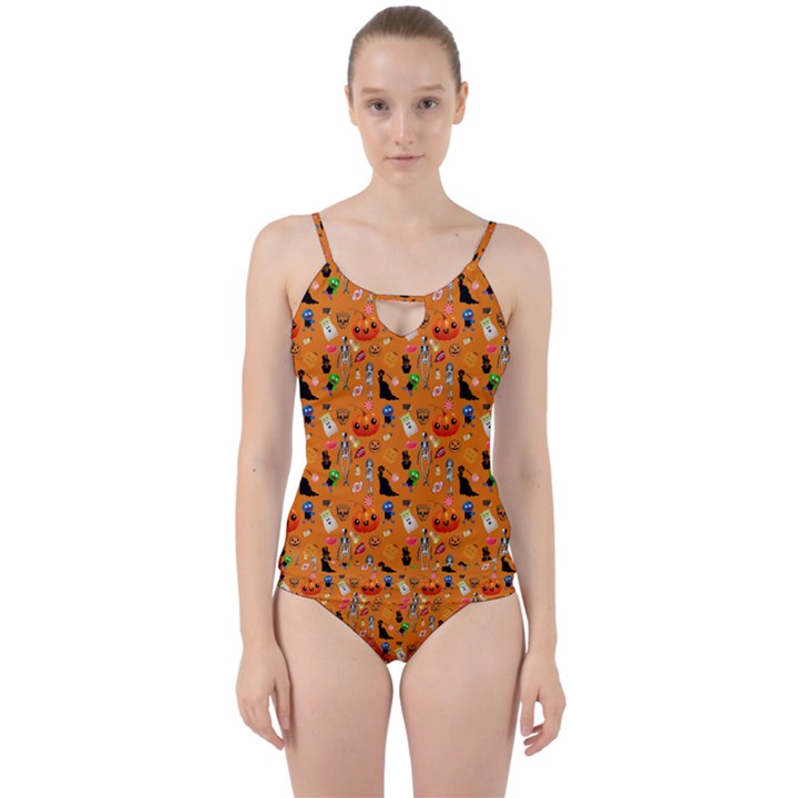 Halloween Treats Pattern Orange Cut Out Top Tankini Set