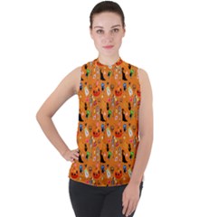 Halloween Treats Pattern Orange Mock Neck Chiffon Sleeveless Top by snowwhitegirl