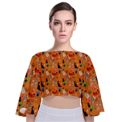 Halloween Treats Pattern Orange Tie Back Butterfly Sleeve Chiffon Top by snowwhitegirl