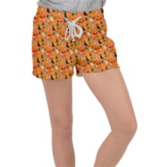 Halloween Treats Pattern Orange Women s Velour Lounge Shorts by snowwhitegirl