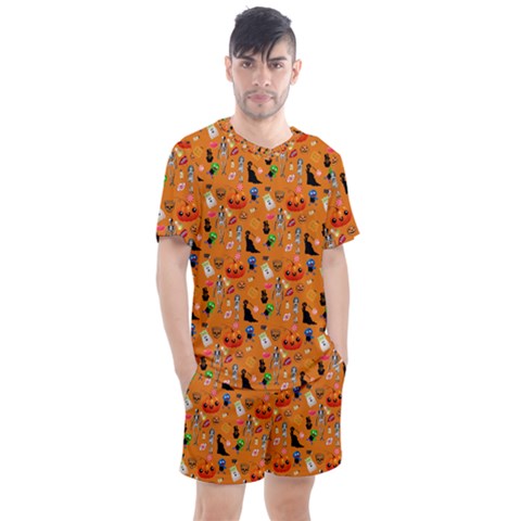 Halloween Treats Pattern Orange Men s Mesh Tee And Shorts Set by snowwhitegirl