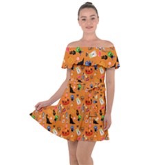 Halloween Treats Pattern Orange Off Shoulder Velour Dress