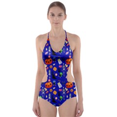 Halloween Treats Pattern Blue Cut-out One Piece Swimsuit by snowwhitegirl