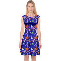 Halloween Treats Pattern Blue Capsleeve Midi Dress by snowwhitegirl