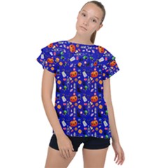 Halloween Treats Pattern Blue Ruffle Collar Chiffon Blouse