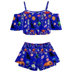 Halloween Treats Pattern Blue Kids  Off Shoulder Skirt Bikini by snowwhitegirl