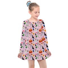 Halloween Treats Pattern Pink Kids  Long Sleeve Dress by snowwhitegirl