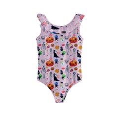 Halloween Treats Pattern Pink Kids  Frill Swimsuit by snowwhitegirl