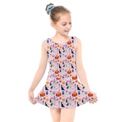 Halloween Treats Pattern Pink Kids  Skater Dress Swimsuit by snowwhitegirl