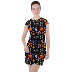 Halloween Treats Pattern Black Drawstring Hooded Dress