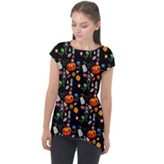 Halloween Treats Pattern Black Cap Sleeve High Low Top