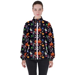 Halloween Treats Pattern Black High Neck Windbreaker (women)