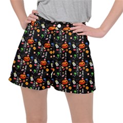 Halloween Treats Pattern Black Stretch Ripstop Shorts by snowwhitegirl