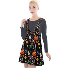 Halloween Treats Pattern Black Plunge Pinafore Velour Dress