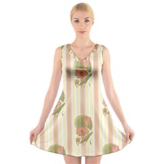 Lotus Flower Waterlily Wallpaper V-neck Sleeveless Dress by Mariart