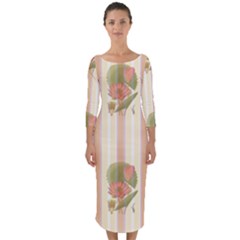 Lotus Flower Waterlily Wallpaper Quarter Sleeve Midi Bodycon Dress