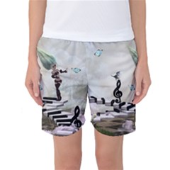 Cute Fairy Dancing On A Piano With Butterflies And Birds Women s Basketball Shorts by FantasyWorld7