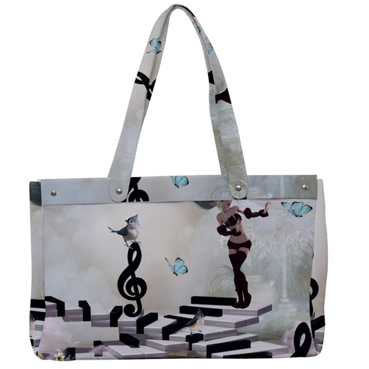 Cute fairy dancing on a piano with butterflies and birds Canvas Work Bag