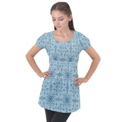 Ornamental Blue Puff Sleeve Tunic Top