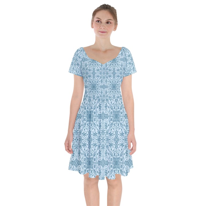 Ornamental Blue Short Sleeve Bardot Dress