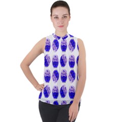 Kawaii Blueberry Jam Jar Pattern Mock Neck Chiffon Sleeveless Top