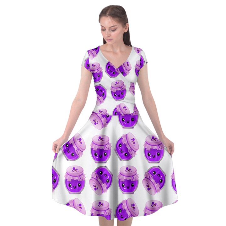 Kawaii Grape Jam Jar Pattern Cap Sleeve Wrap Front Dress