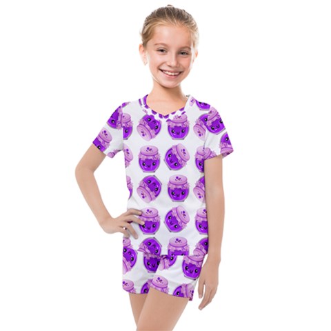 Kawaii Grape Jam Jar Pattern Kids  Mesh Tee And Shorts Set by snowwhitegirl