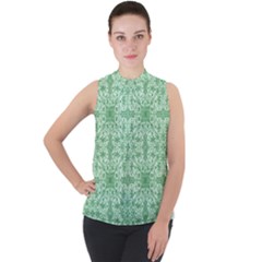 Ornamental Green Mock Neck Chiffon Sleeveless Top