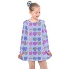 Valentine Hearts Blue Kids  Long Sleeve Dress