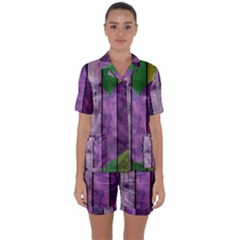 Wood Wall Heart Purple Green Satin Short Sleeve Pyjamas Set by snowwhitegirl