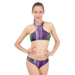 Wood Wall Heart Purple Green High Neck Bikini Set by snowwhitegirl