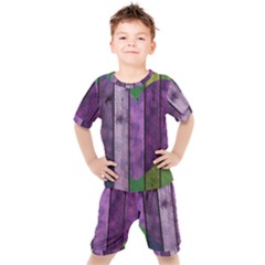 Wood Wall Heart Purple Green Kids  Tee And Shorts Set by snowwhitegirl