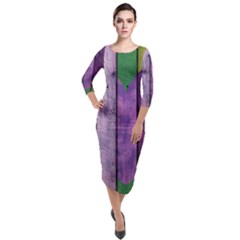 Wood Wall Heart Purple Green Quarter Sleeve Midi Velour Bodycon Dress