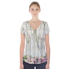 Floral Wood Wall Short Sleeve Front Detail Top by snowwhitegirl