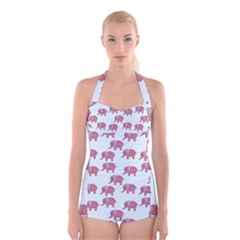 Pink Flower Elephant Boyleg Halter Swimsuit  by snowwhitegirl