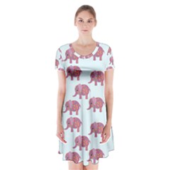 Pink Flower Elephant Short Sleeve V-neck Flare Dress by snowwhitegirl