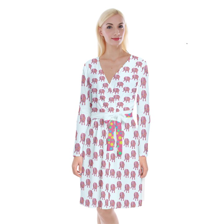 Pink Flower Elephant Long Sleeve Velvet Front Wrap Dress